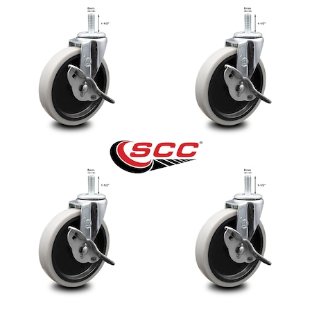 Service Caster 5 Inch Thermoplastic Wheel 8mm Threaded Stem Caster Set with Brakes SCC, 4PK SCC-TS05S510-TPRS-SLB-M815-4